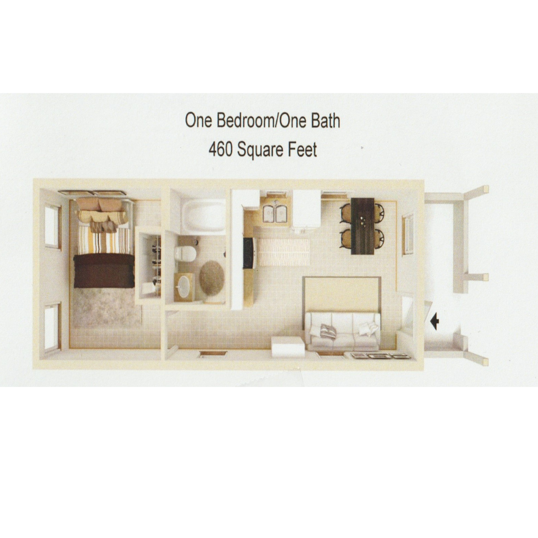 Floor plan for 1 bed, 1 bath, 460 sqft